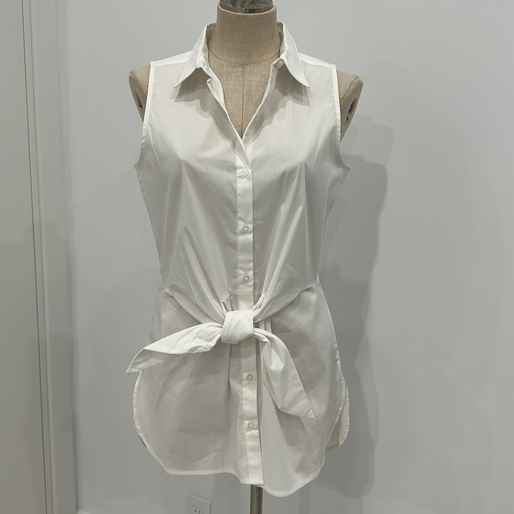Calvin Klein, white,tie waist button down sleeveless blouse